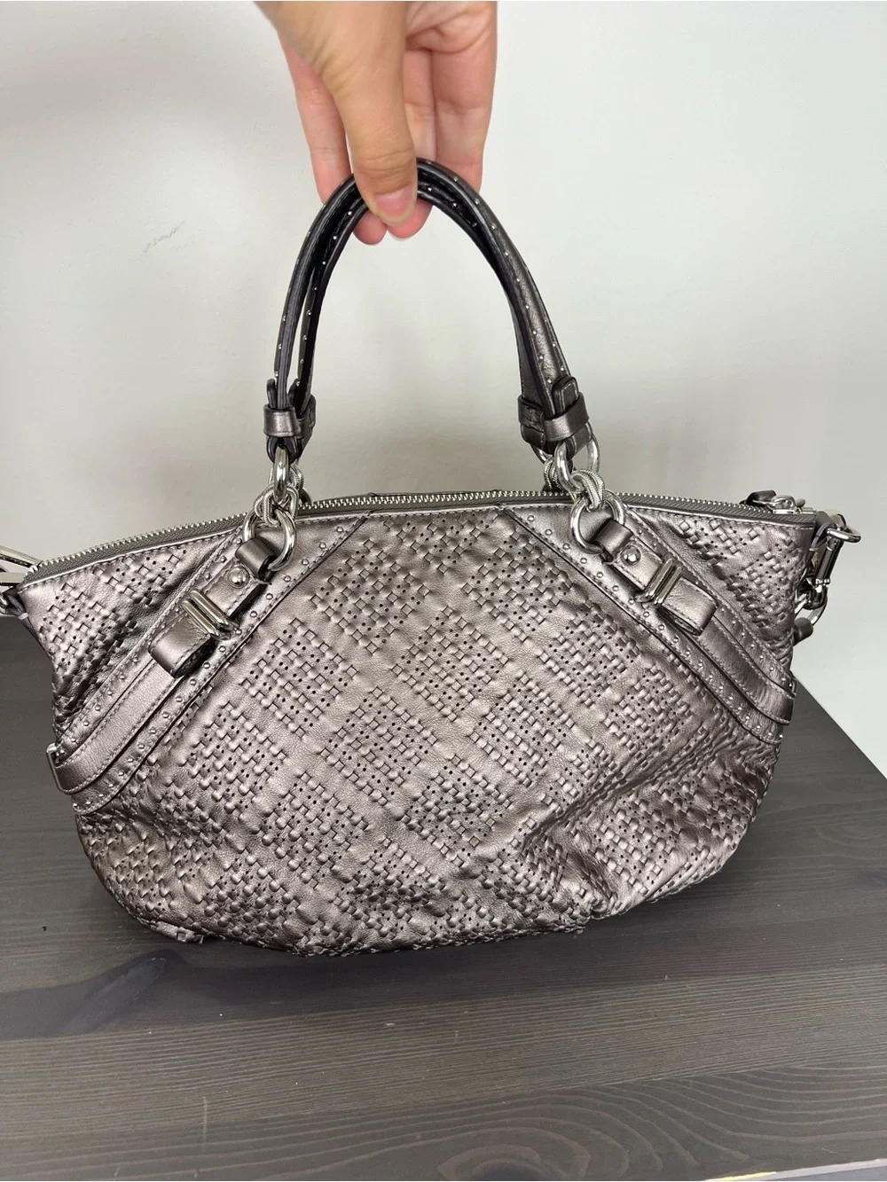 Coach Madison Sophia Pewter Woven Leather Satchel Gun Metal Bag